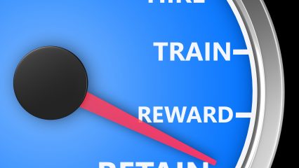 Hire Train Reward Retain words on a speedometer to illustrate human resources best practices processes for new employees 3d rendering